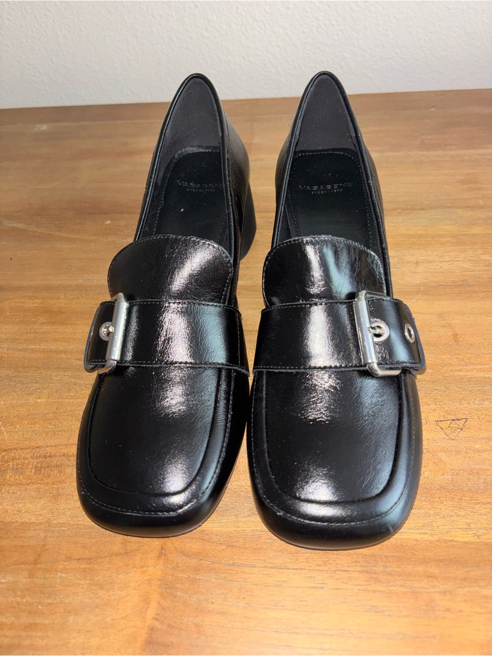Vagabond Black Leather Block Heel Loafer with Silver Buckle Accent - Picture 3 of 6